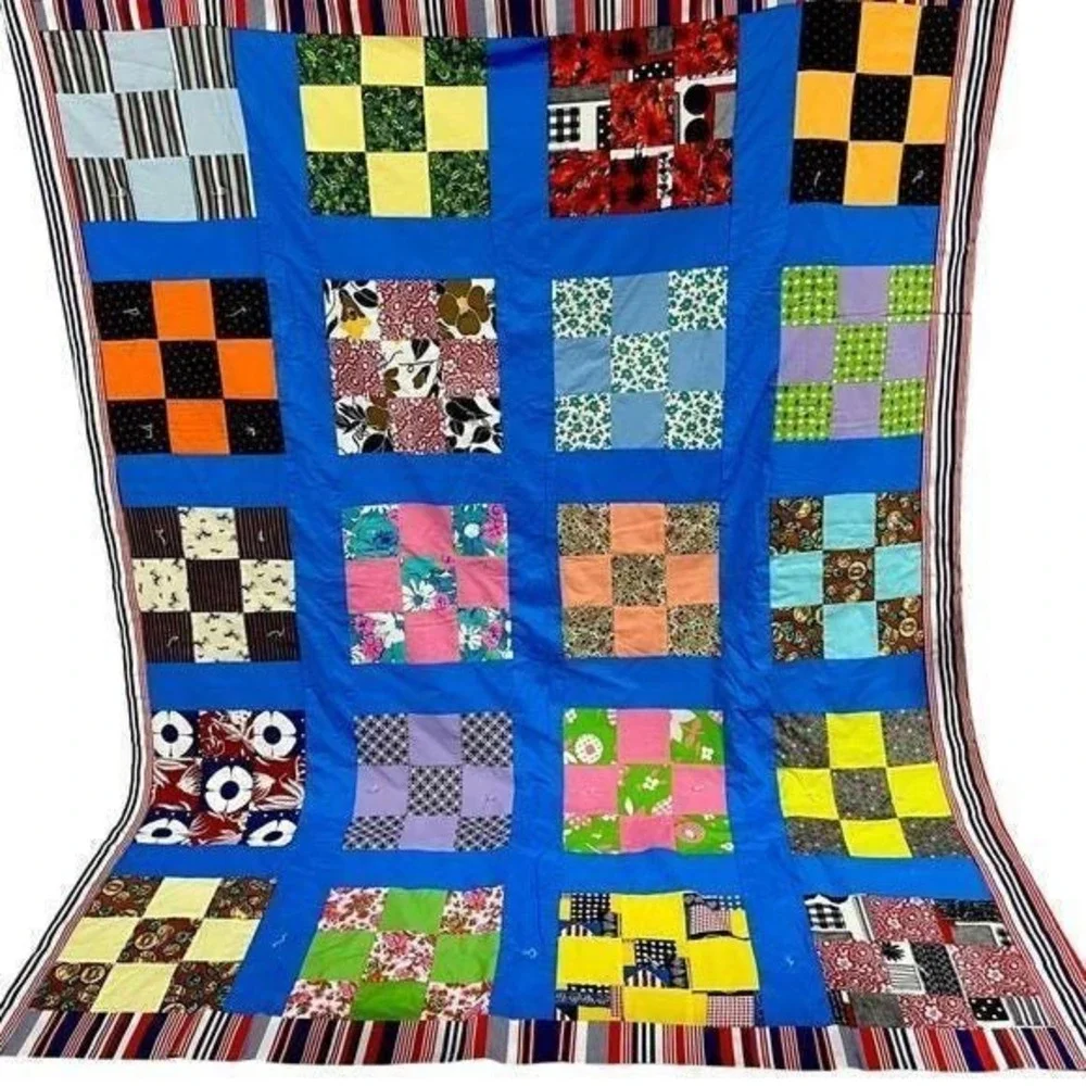 Handmade Patchwork Quilt 86x72 Full Size Colorful‎ Modern Tied Bedspread